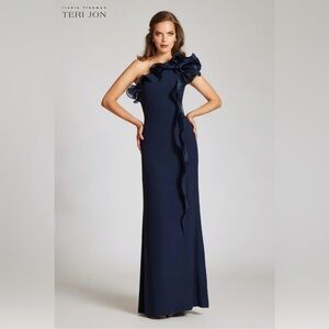 NWT Teri Jon Navy One-Shoulder Gown US 6
